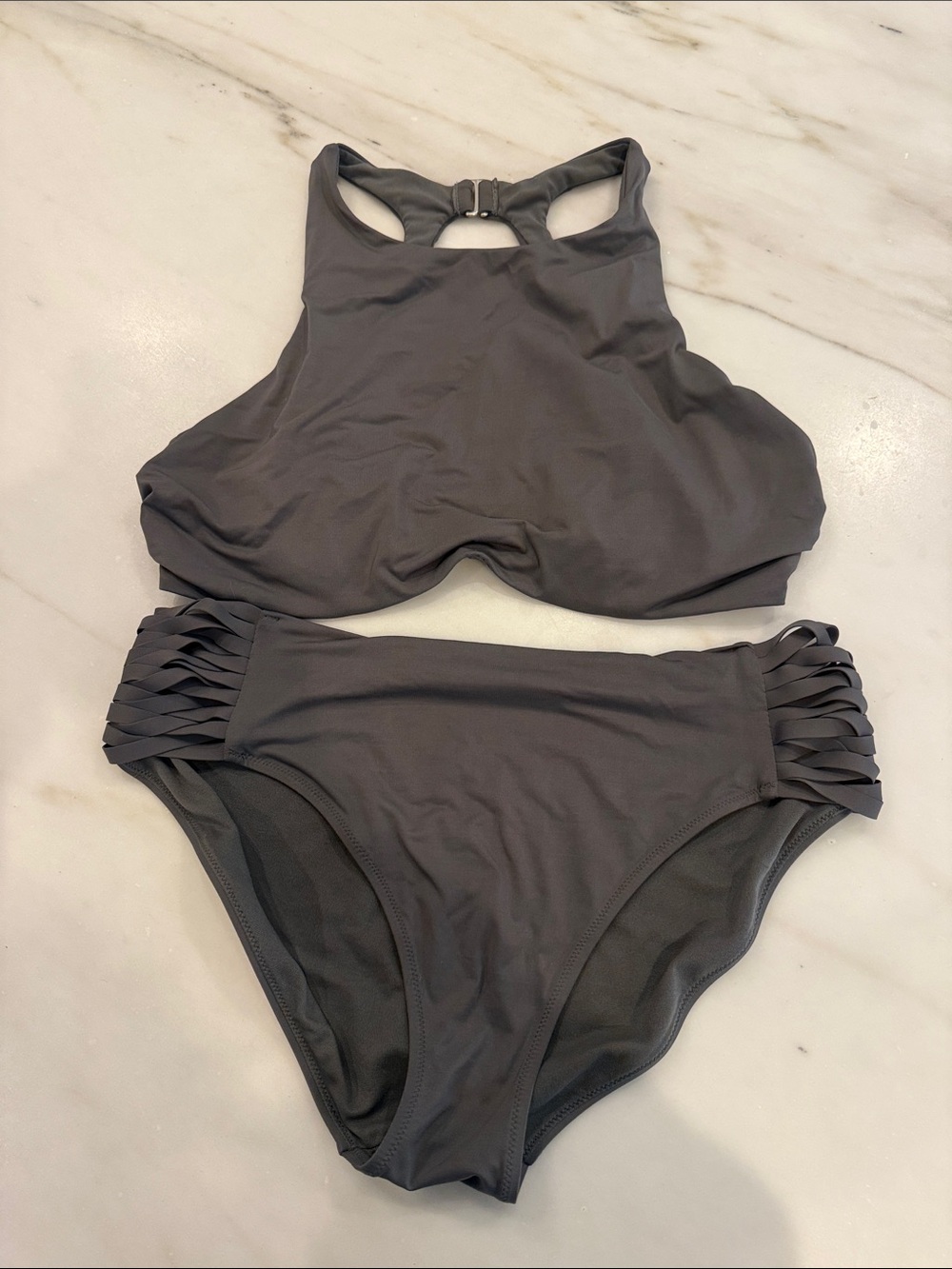 Athleta Charcoal Braided Side Bikini Bottom size large with 38D/DD bikini top